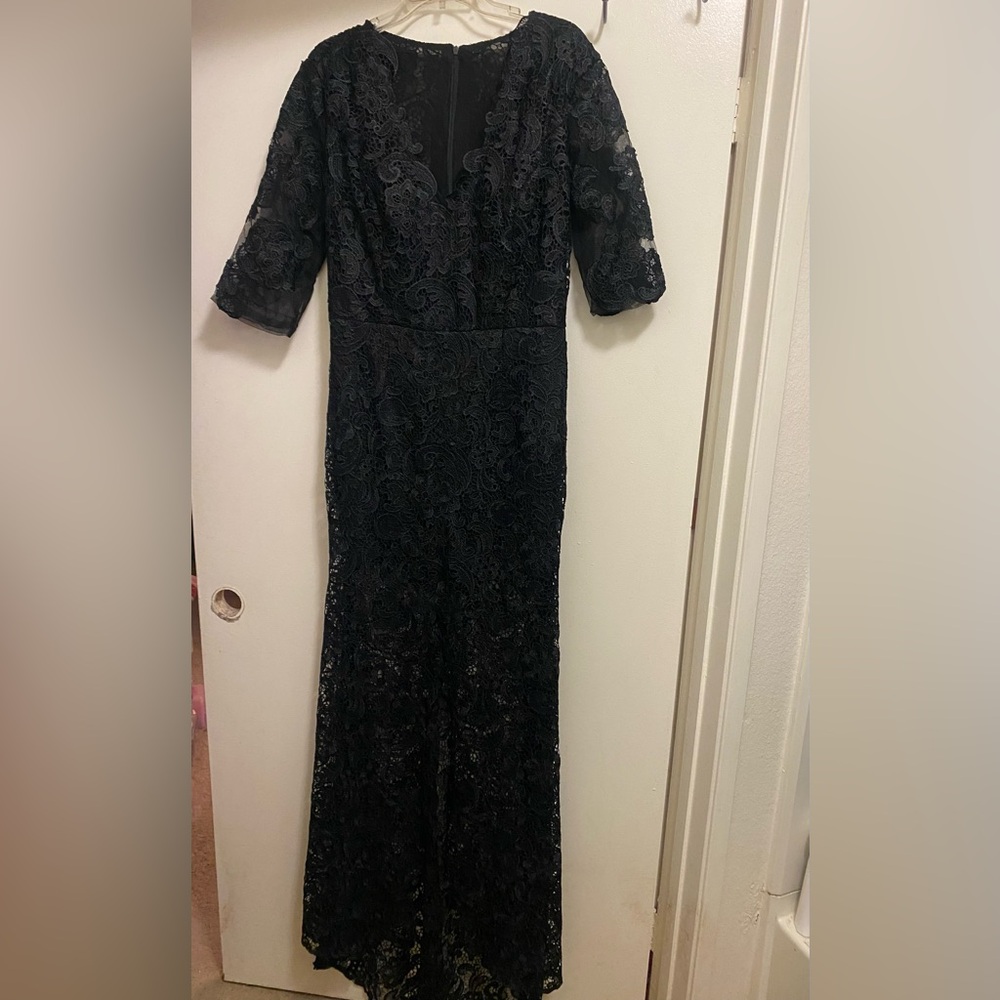 Womens Extra Long Maxi Dress M Bust 36” All Black Lace V Neck Goth Witchy Gothic